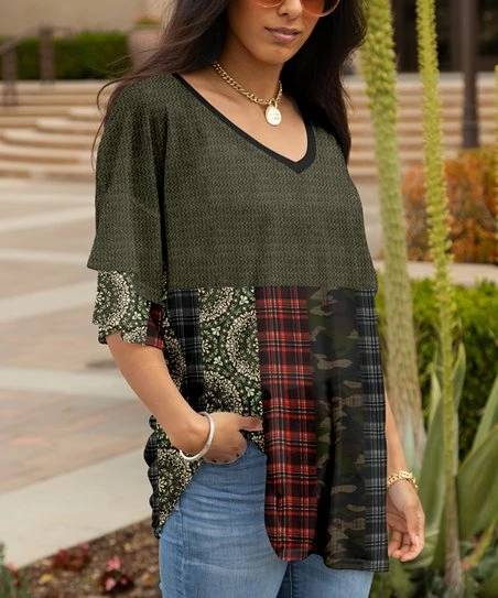 Lily | Olive & Red Mixed Print Layered Three-Quarter Sleeve V-Neck Tunic - Plus 1 Lily | Olive & Red Mixed Print Layered Three-Quarter Sleeve V-Neck Tunic - Plus
