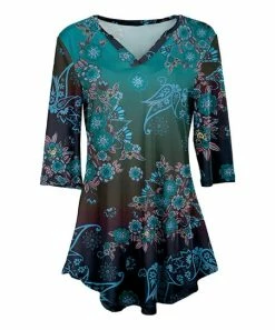 Lily | Teal & Black Floral Paisley Three-Quarter Sleeve V-Neck Tunic - Women