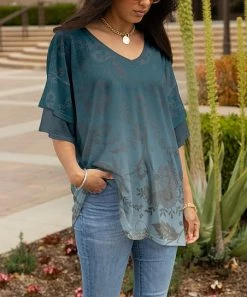 Lily | Teal & Gray Floral Ruffle-Sleeve V-Neck Tunic - Women