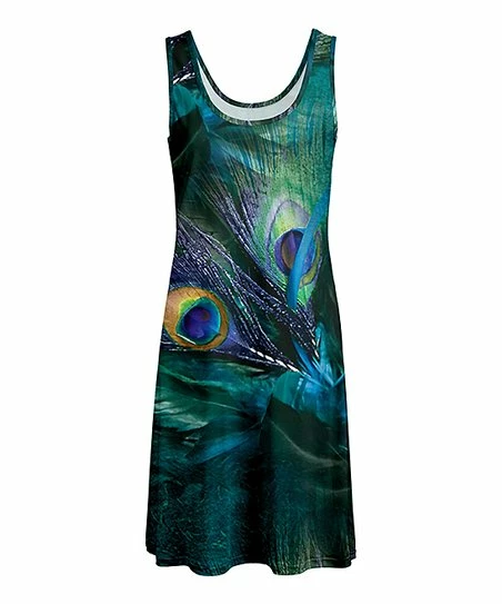 Lily | Green & Teal Peacock Sleeveless A-Line Dress - Women 1 Lily | Green & Teal Peacock Sleeveless A-Line Dress - Women