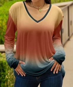 Lily | Rust & Gray Ombré Long-Sleeve V-Neck Tunic - Women & Plus