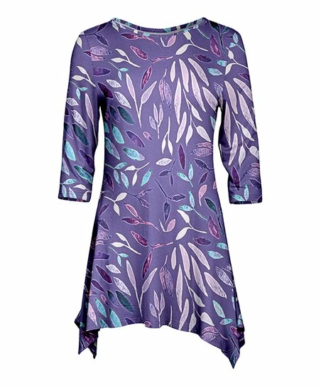 Lily | Lavender & Purple Leaf Three-Quarter Sleeve Sidetail Tunic - Women 1 Lily | Lavender & Purple Leaf Three-Quarter Sleeve Sidetail Tunic - Women
