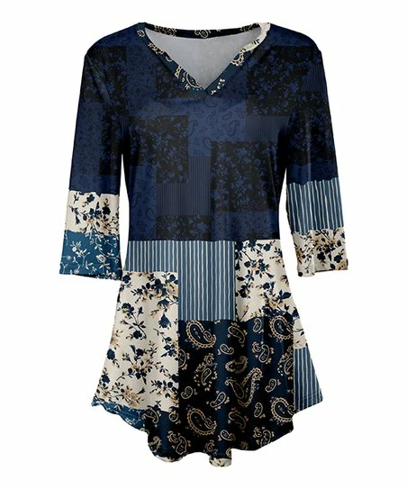 Lily | Navy & Cream Floral Patchwork Three-Quarter Sleeve V-Neck Tunic - Women & Plus 1 Lily | Navy & Cream Floral Patchwork Three-Quarter Sleeve V-Neck Tunic - Women & Plus