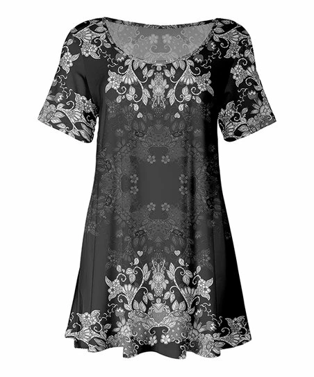 Lily | Gray & Silver Damask Short-Sleeve Scoop Neck Tunic - Plus 1 Lily | Gray & Silver Damask Short-Sleeve Scoop Neck Tunic - Plus