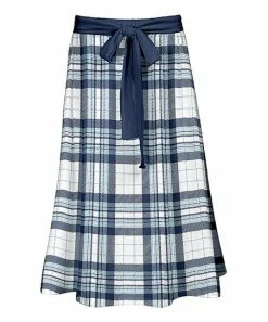Lily | Navy & White Plaid Tie-Waist Midi Skirt - Women