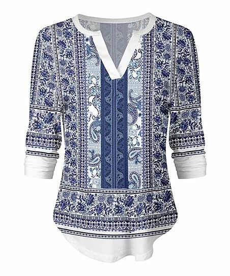 Lily | Blue & White Paisley Floral Three-Quarter Sleeve Notch Neck Top - Plus 1 Lily | Blue & White Paisley Floral Three-Quarter Sleeve Notch Neck Top - Plus