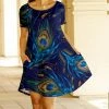 Lily | Navy & Green Peacock Feather Short-Sleeve Pocket Shift Dress - Women & Plus