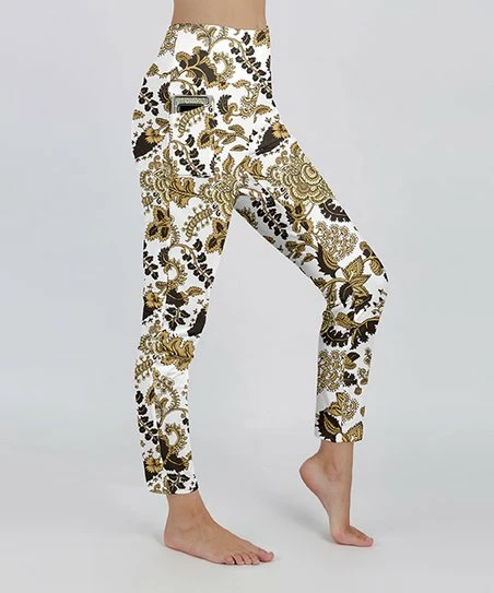Lily | White & Gold Leaves Pocket High-Waist Leggings - Plus 1 Lily | White & Gold Leaves Pocket High-Waist Leggings - Plus