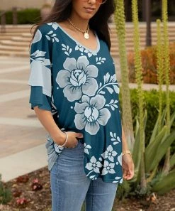 Lily | Teal & White Floral V-Neck Tunic - Women
