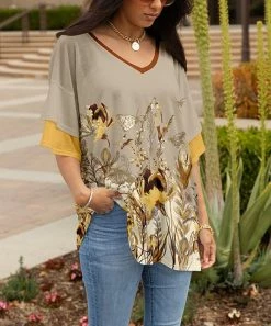 Lily | Beige & Rust Floral V-Neck Tunic - Plus