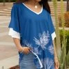 Lily | Blue & White Trees Layered-Sleeve V-Neck Tunic - Plus