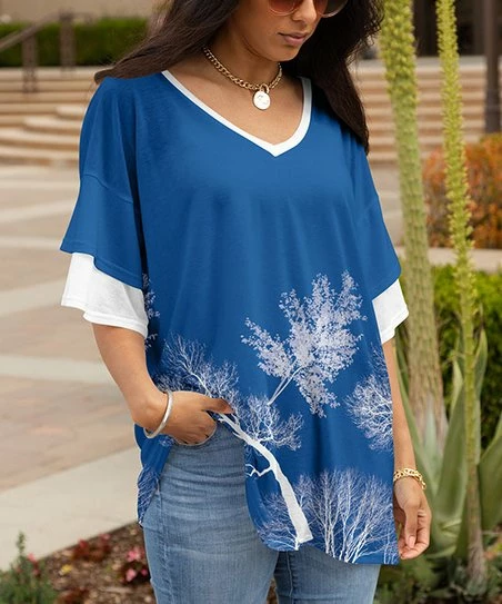 Lily | Blue & White Trees Layered-Sleeve V-Neck Tunic - Plus 1 Lily | Blue & White Trees Layered-Sleeve V-Neck Tunic - Plus