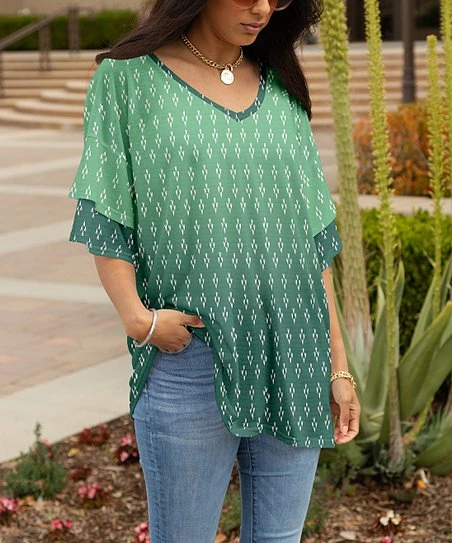 Lily | Mint & Green Abstract Ombré V-Neck Tunic - Women 1 Lily | Mint & Green Abstract Ombré V-Neck Tunic - Women