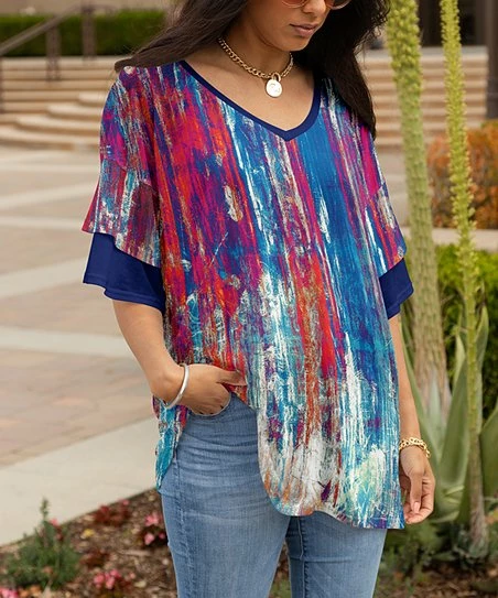 Lily | Navy & Red Brushstroke Ruffle-Sleeve V-Neck Tunic - Women 1 Lily | Navy & Red Brushstroke Ruffle-Sleeve V-Neck Tunic - Women