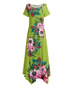 Lily | Green & Pink Floral Short-Sleeve Handkerchief Maxi Dress - Plus