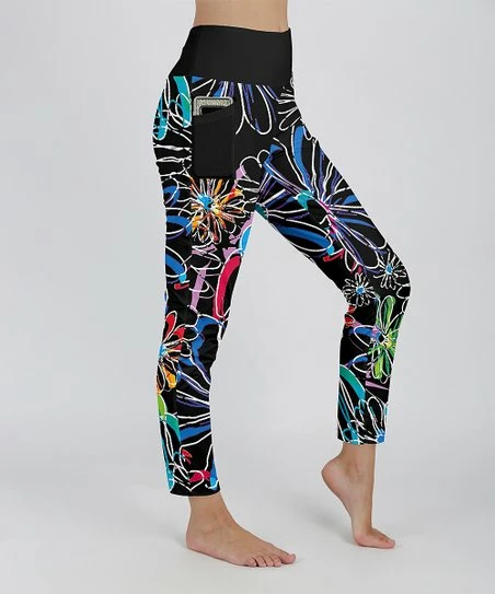 Lily | Black & Jewel-Tone Floral Pocket Leggings - Plus 1 Lily | Black & Jewel-Tone Floral Pocket Leggings - Plus
