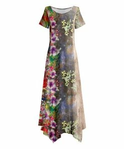 Lily | Beige & Purple Floral Short-Sleeve Handkerchief Maxi Dress - Plus
