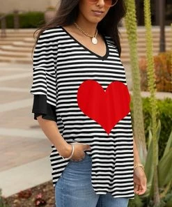 Lily | Black & Red Stripe Heart Layered Sleeve V-Neck Tunic - Plus