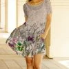 Lily | Beige & Purple Floral Short-Sleeve Pocket Shift Dress - Women