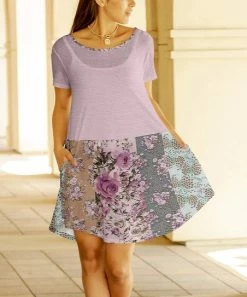 Lily | Lavender & Aqua Floral Color-Block Short-Sleeve Pocket Shift Dress - Women