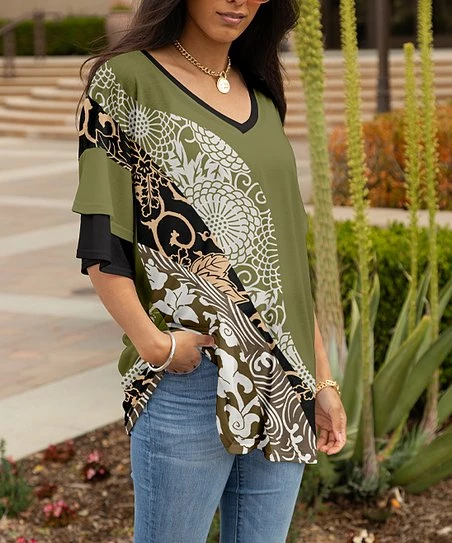 Lily | Olive & Black Abstract V-Neck Tunic - Plus 1 Lily | Olive & Black Abstract V-Neck Tunic - Plus