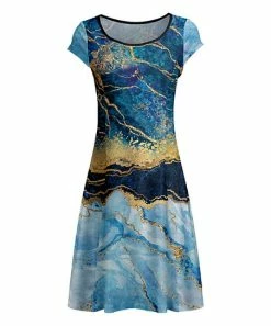 Lily | Blue & Gold Marble Cap-Sleeve Dress - Women
