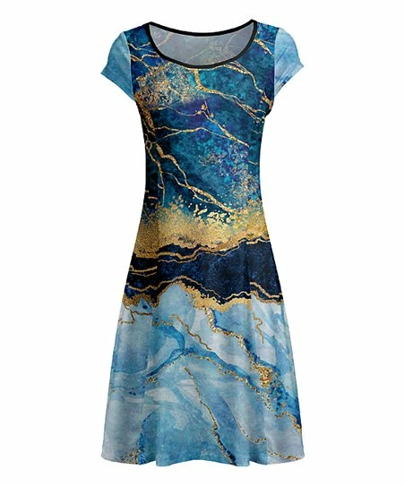 Lily | Blue & Gold Marble Cap-Sleeve Dress - Women 1 Lily | Blue & Gold Marble Cap-Sleeve Dress - Women