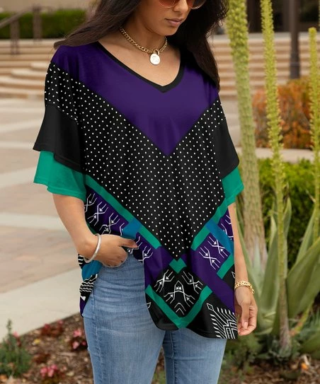 Lily | Purple & Teal Chevron Polka Dot Layered-Sleeve Tunic - Women 1 Lily | Purple & Teal Chevron Polka Dot Layered-Sleeve Tunic - Women