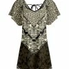 Lily | Beige & Black Arabesque Floral Tie-Back V-Neck Puff-Sleeve Tunic - Women