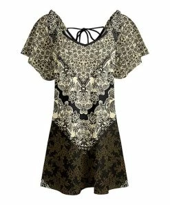 Lily | Beige & Black Arabesque Floral Tie-Back V-Neck Puff-Sleeve Tunic - Women