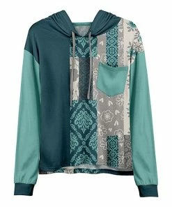 Lily | Teal & Gray Floral Scarf Print Contrast-Pocket Hoodie - Women