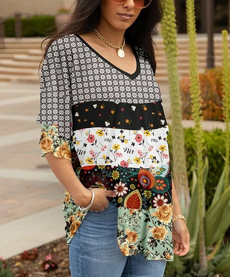 Lily | Green & Black Floral & Geometric Ruffle-Sleeve V-Neck Tunic - Plus 1 Lily | Green & Black Floral & Geometric Ruffle-Sleeve V-Neck Tunic - Plus