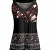 Lily | Black & Red Floral Scarf Print Sleeveless V-Neck Yoke Top - Plus