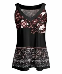 Lily | Black & Red Floral Scarf Print Sleeveless V-Neck Yoke Top - Plus