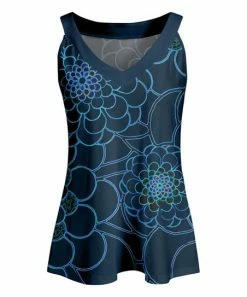Lily | Navy & Aqua Floral Sleeveless V-Neck Yoke Top - Women