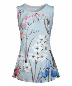 Lily | Aqua & Blue Floral Pin-Tuck A-Line Sleeveless Top - Women