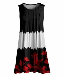 Lily | Black & Red Floral Color Block Pleated Sleeveless Tunic - Women