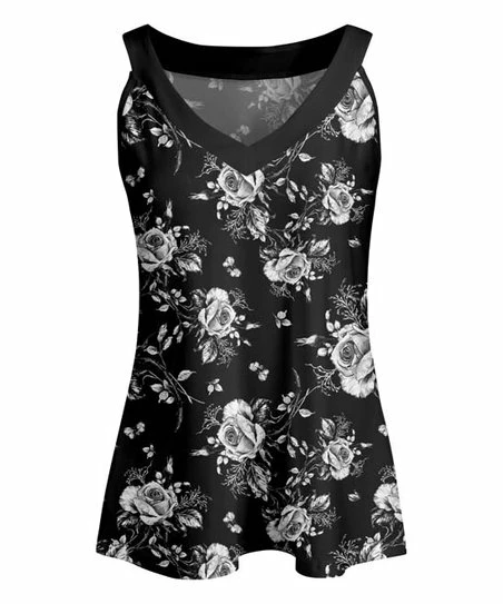 Lily | Black & White Floral Sleeveless V-Neck Yoke Top - Plus 1 Lily | Black & White Floral Sleeveless V-Neck Yoke Top - Plus