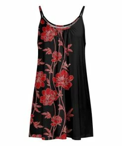 Lily | Black & Red Floral Gathered-Neck Tunic Tank - Women
