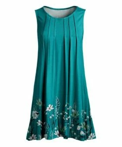 Lily | Turquoise & White Floral Pleated Sleeveless Tunic - Women