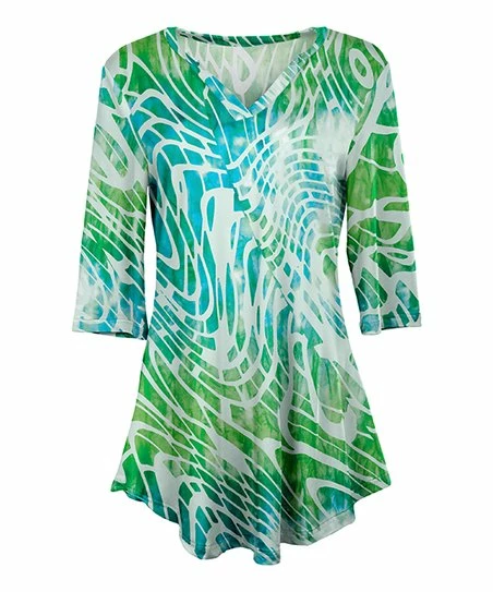 Lily | Green & Aqua Abstract Three-Quarter Sleeve V-Neck Tunic - Plus 1 Lily | Green & Aqua Abstract Three-Quarter Sleeve V-Neck Tunic - Plus