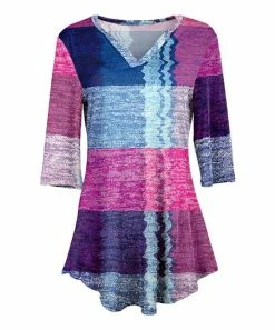 Lily | Blue & Pink Variegated Color Block Three-Quarter Sleeve V-Neck Tunic - Women & Plus