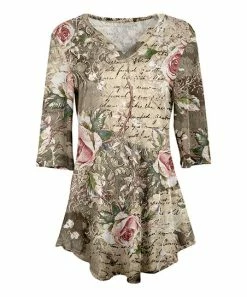 Lily | Beige & Rose Floral Script Three-Quarter Sleeve V-Neck Tunic - Women