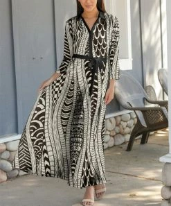 Lily | Black & Cream Abstract Tie-Waist Maxi Shirt Dress - Women & Plus