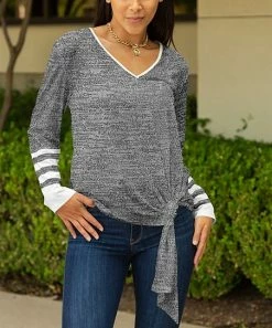 Lily | Gray & White Stripe Long-Sleeve Tie-Hem Top - Women