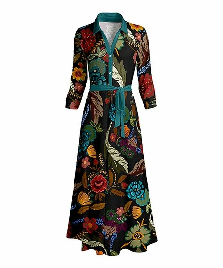 Lily | Black & Teal Floral Tie-Waist Maxi Shirt Dress - Plus 1 Lily | Black & Teal Floral Tie-Waist Maxi Shirt Dress - Plus