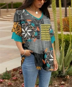 Lily | Turquoise & Orange Patchwork Ruffle-Sleeve V-Neck Tunic - Women