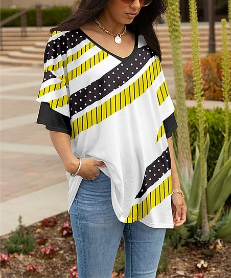Lily | Black & Yellow Stripe Ruffle-Sleeve V-Neck Tunic - Women 1 Lily | Black & Yellow Stripe Ruffle-Sleeve V-Neck Tunic - Women