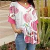 Lily | Pink & White Floral Ruffle-Sleeve V-Neck Tunic - Plus