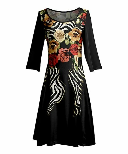Lily | Black & Beige Floral Zebra A-Line Dress - Plus 1 Lily | Black & Beige Floral Zebra A-Line Dress - Plus